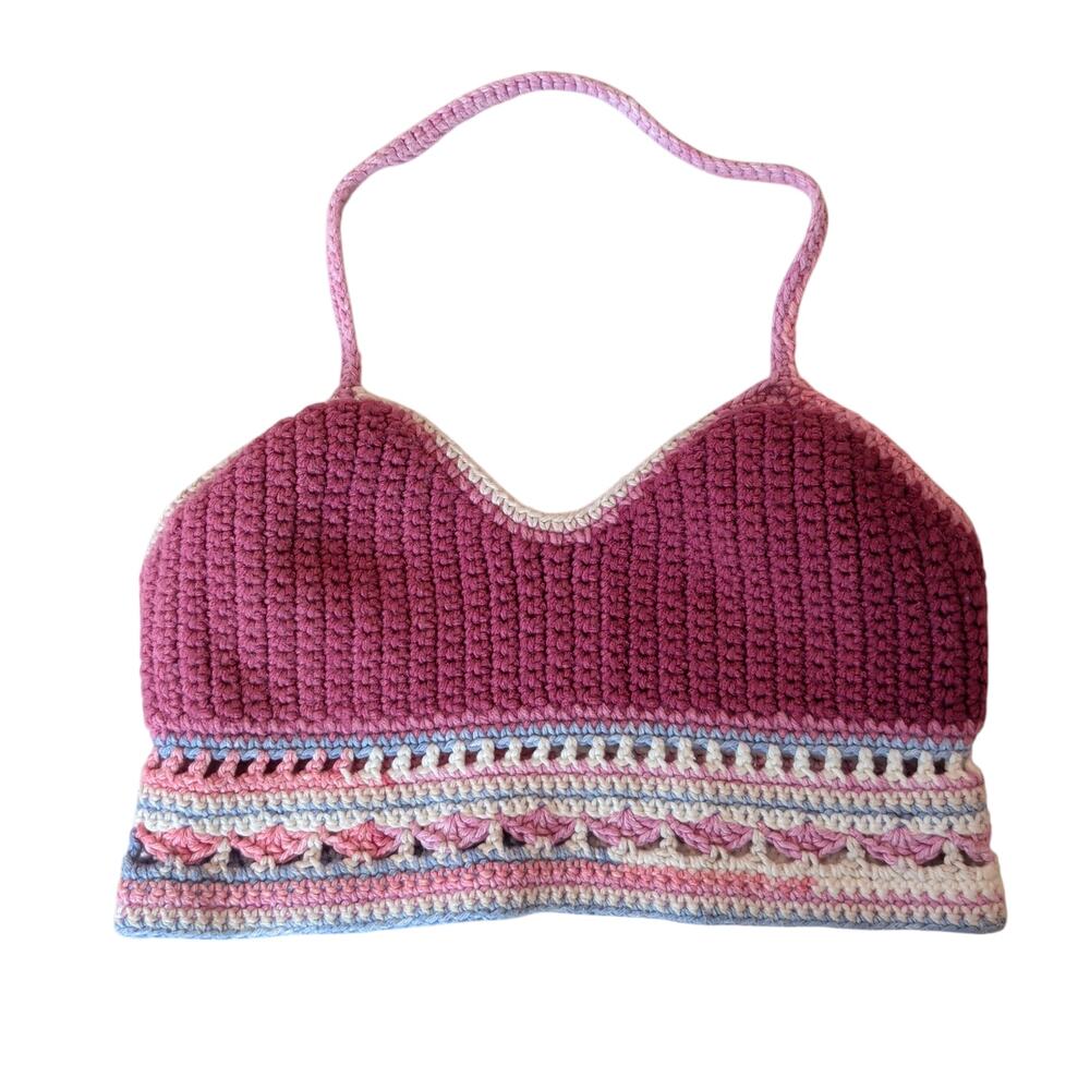 Handmade Crochet Knit Cropped Halter Top Purple Pink Festival Boho